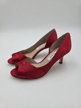 Nina Contesa D’Orsay Red SATIN Open Toe Pumps Womens Evening Dress Shoes 6M